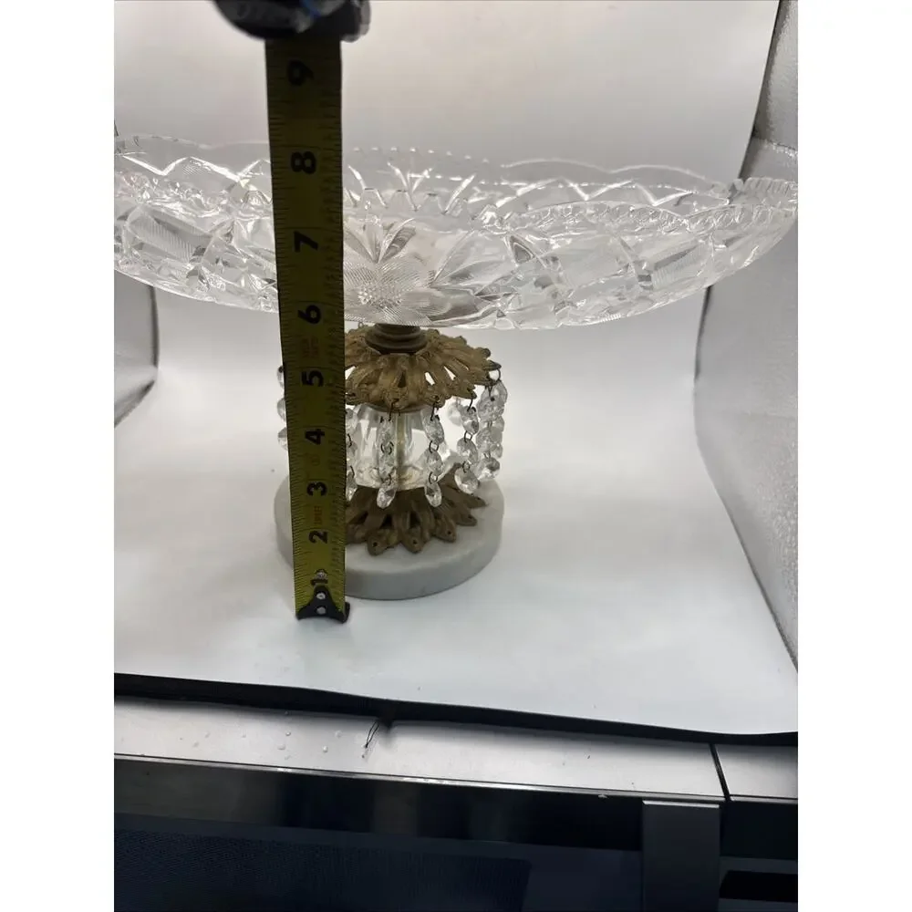 Vintage Hollywood Regency Crystal Brass Marble 7.5”Candy Dish With Crystals *
